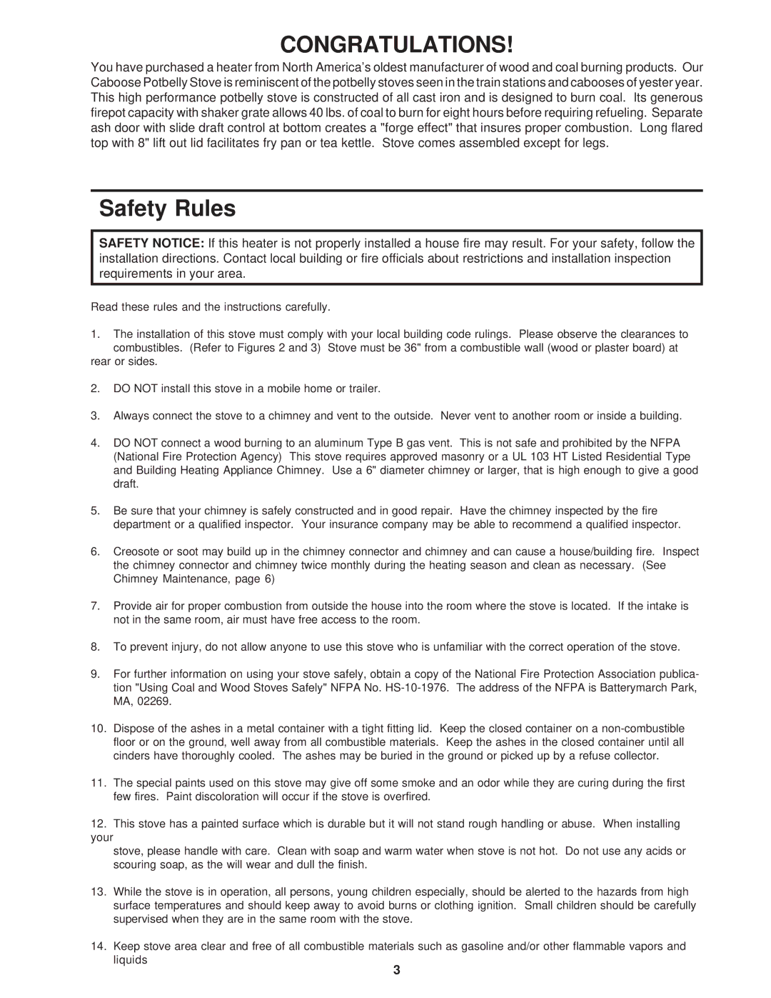 United States Stove CSSU owner manual Congratulations, Safety Rules 