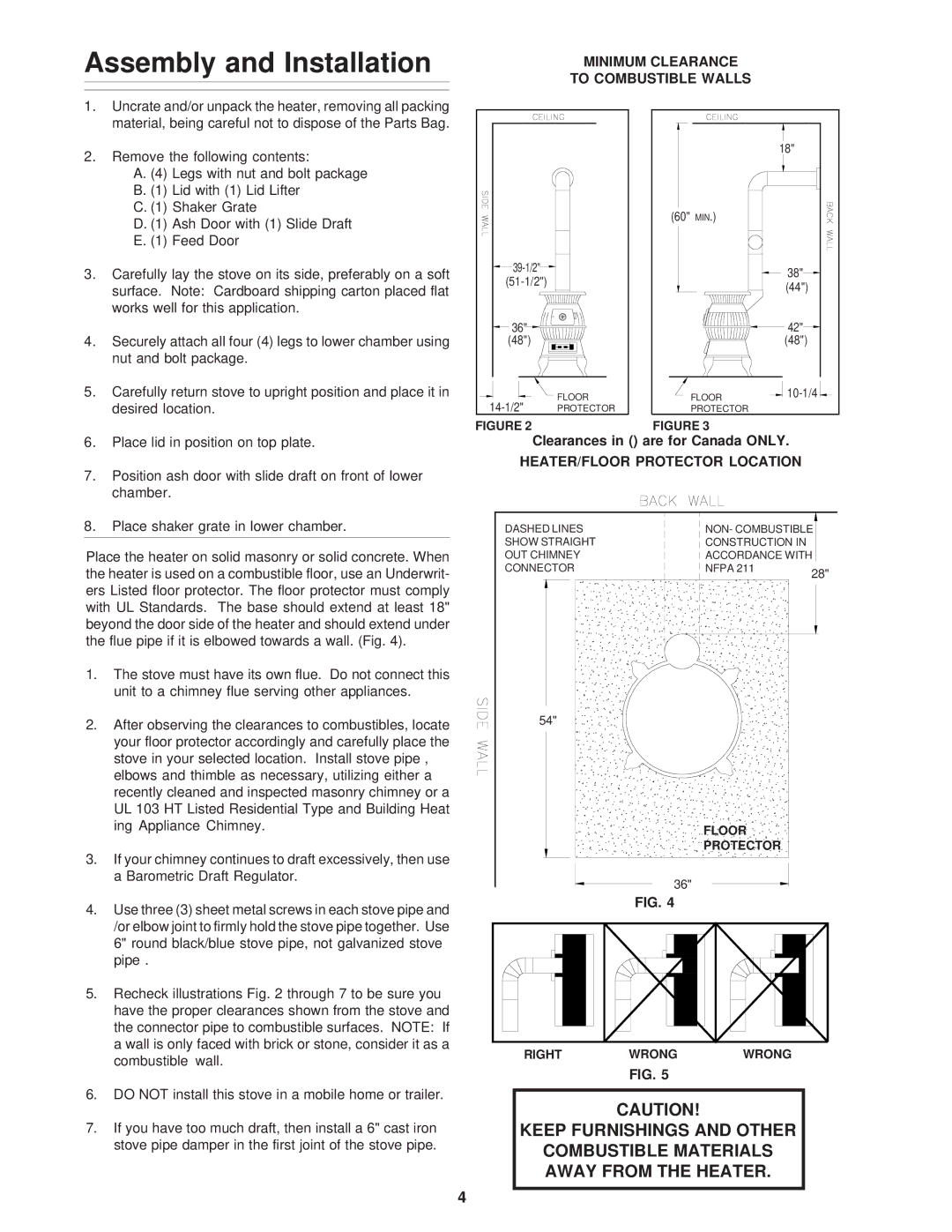 United States Stove CSSU owner manual Assembly and Installation, Minimum Clearance To Combustible Walls 