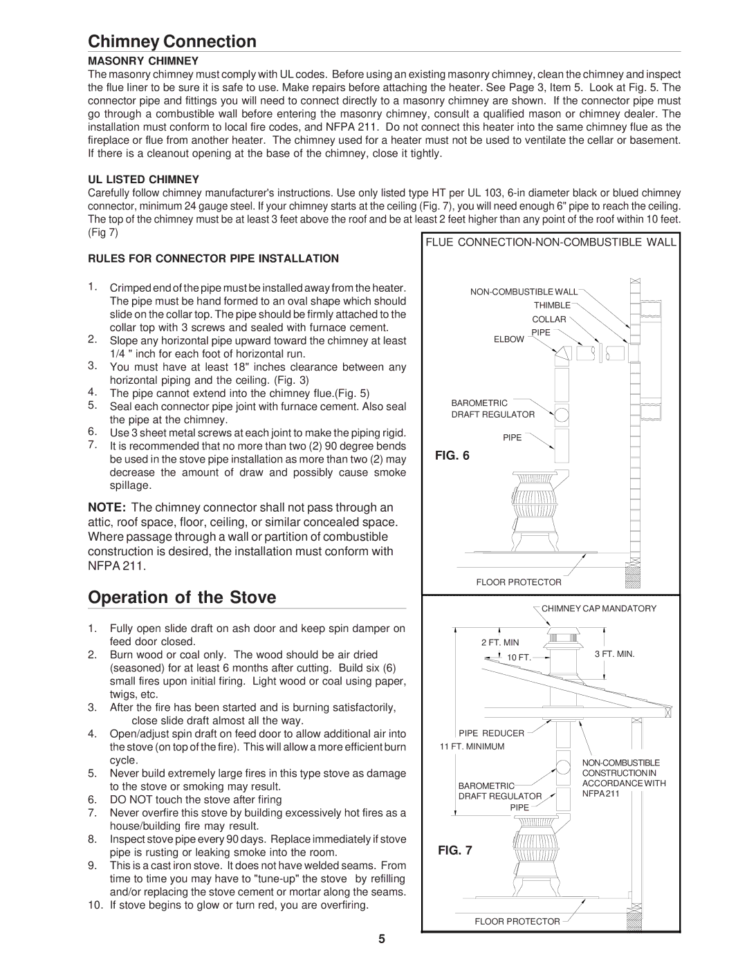 United States Stove CSSU owner manual Masonry Chimney, UL Listed Chimney, Rules for Connector Pipe Installation 