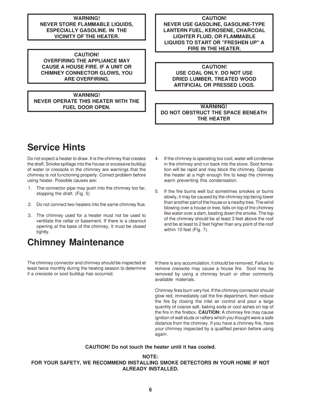 United States Stove CSSU owner manual Service Hints, Chimney Maintenance 