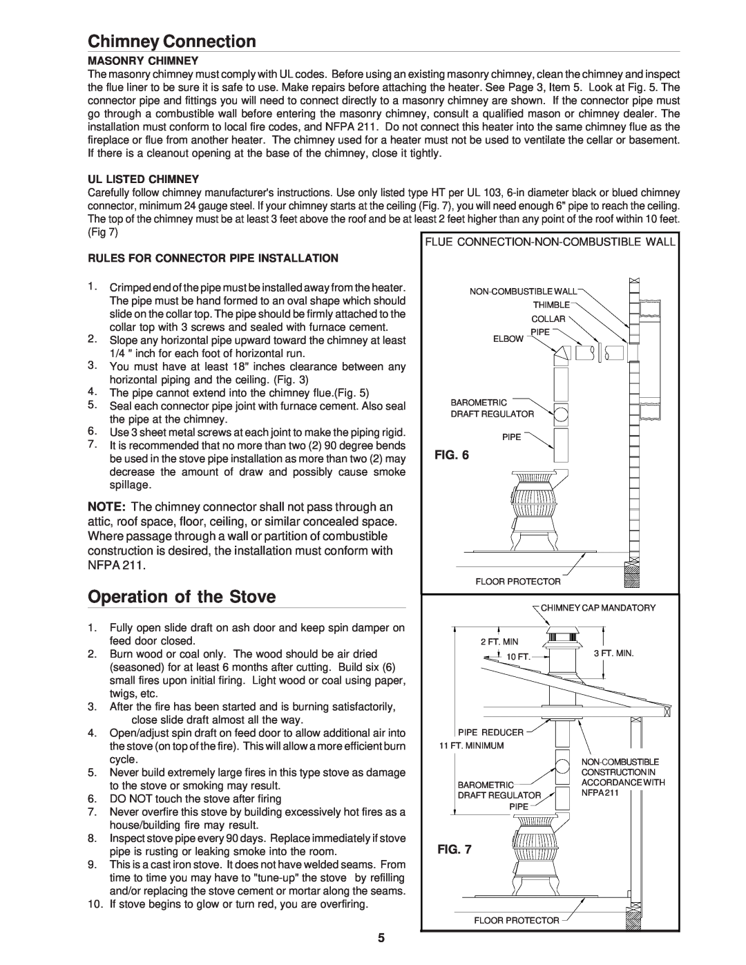 United States Stove CSSU owner manual Chimney Connection, Operation of the Stove, Masonry Chimney, Ul Listed Chimney 