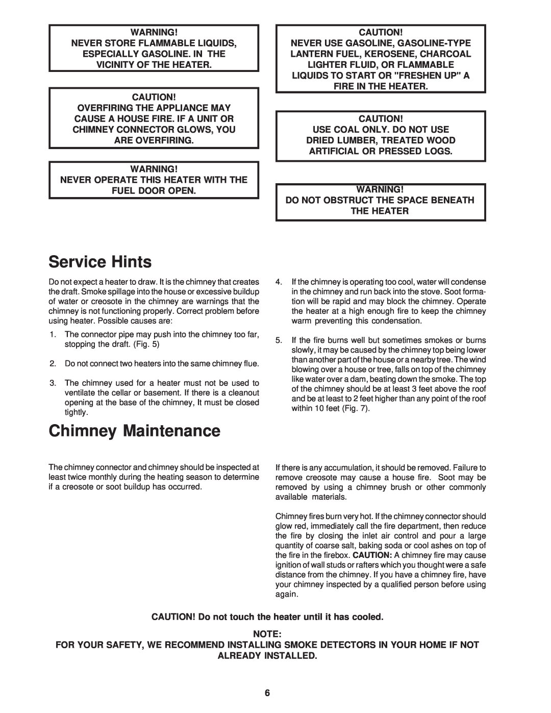 United States Stove CSSU owner manual Service Hints, Chimney Maintenance 