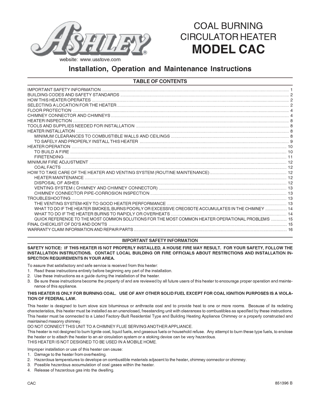 United States Stove DR6 warranty Model CAC, Table of Contents 