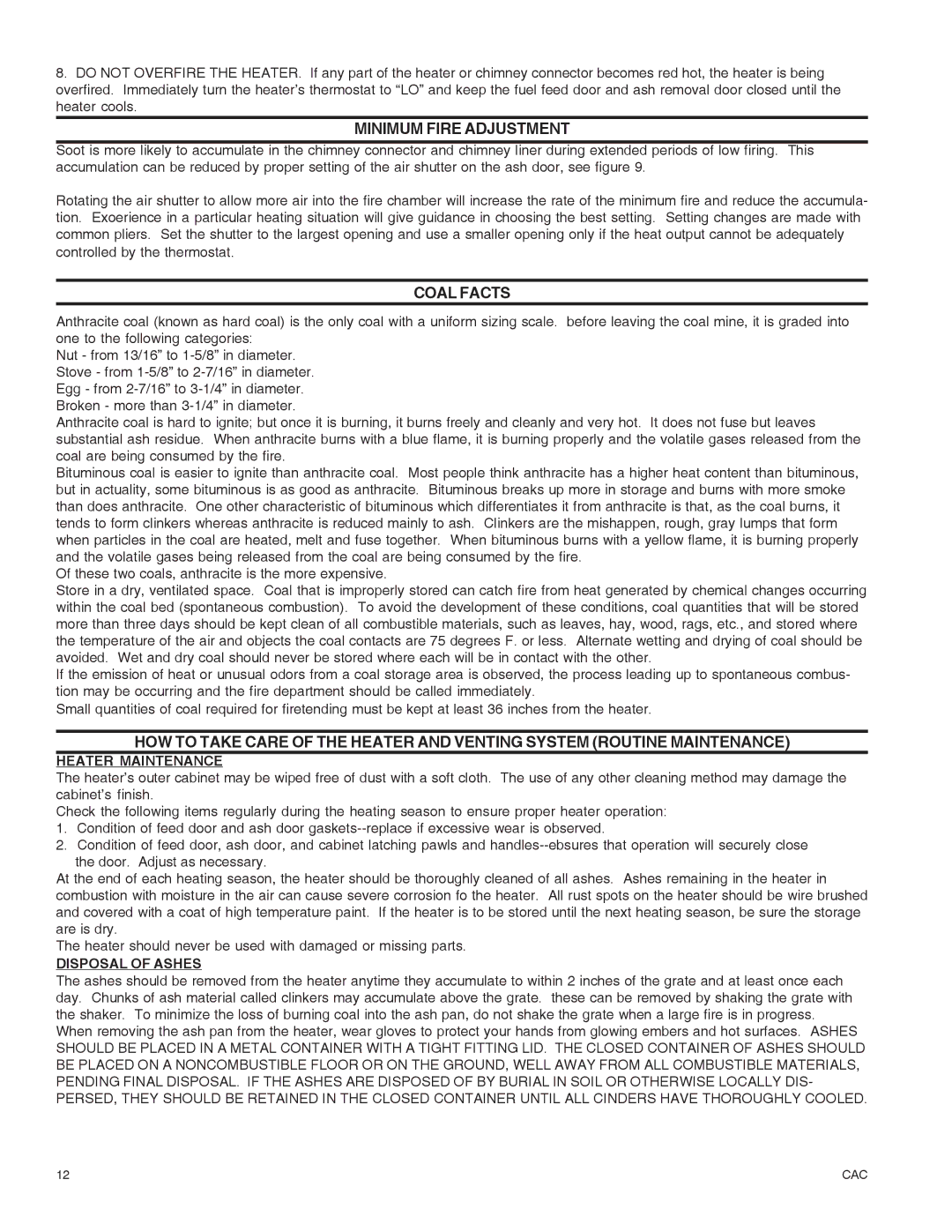 United States Stove DR6 warranty Minimum Fire Adjustment, Coal Facts, Heater Maintenance, Disposal of Ashes 