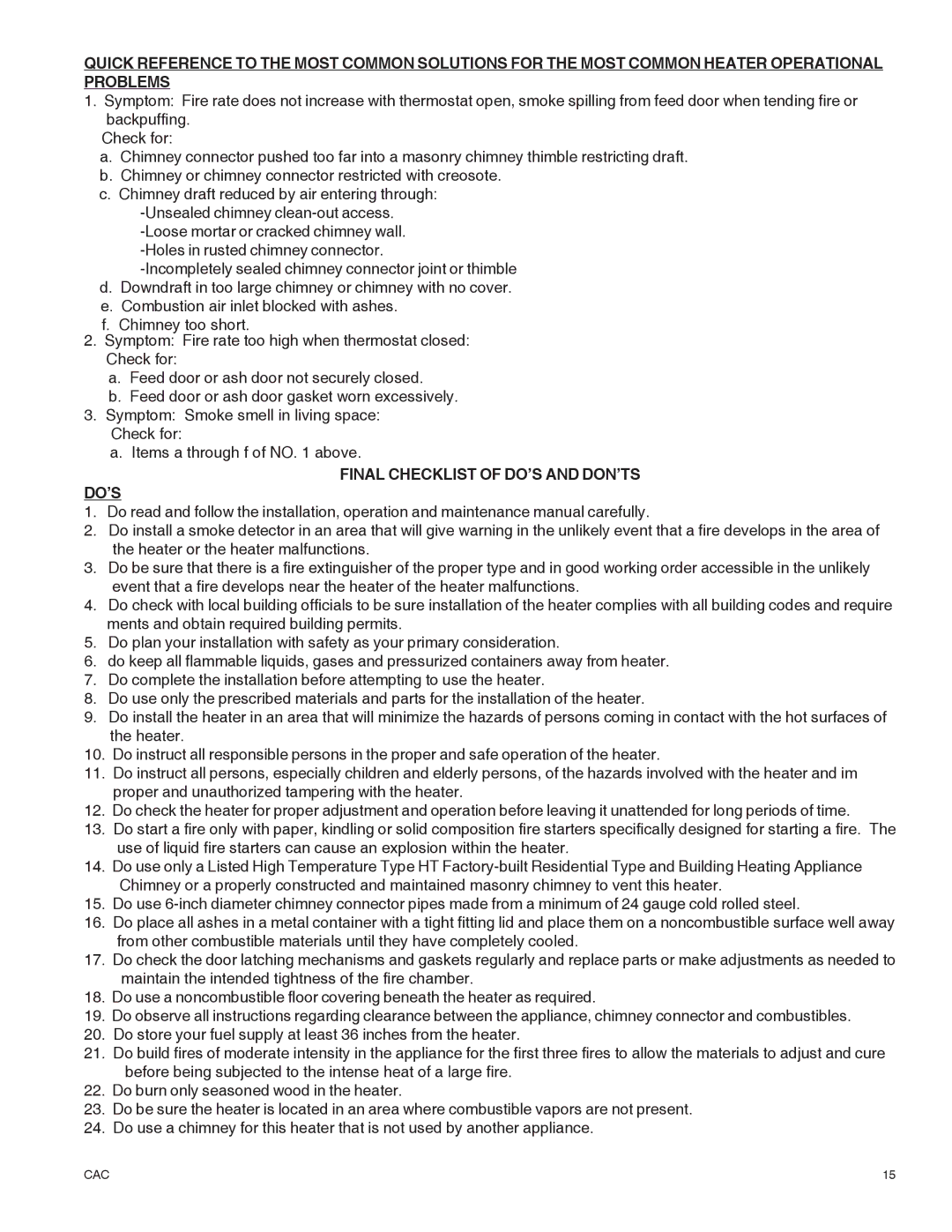 United States Stove DR6 warranty Final Checklist of DO’S and DON’TS 