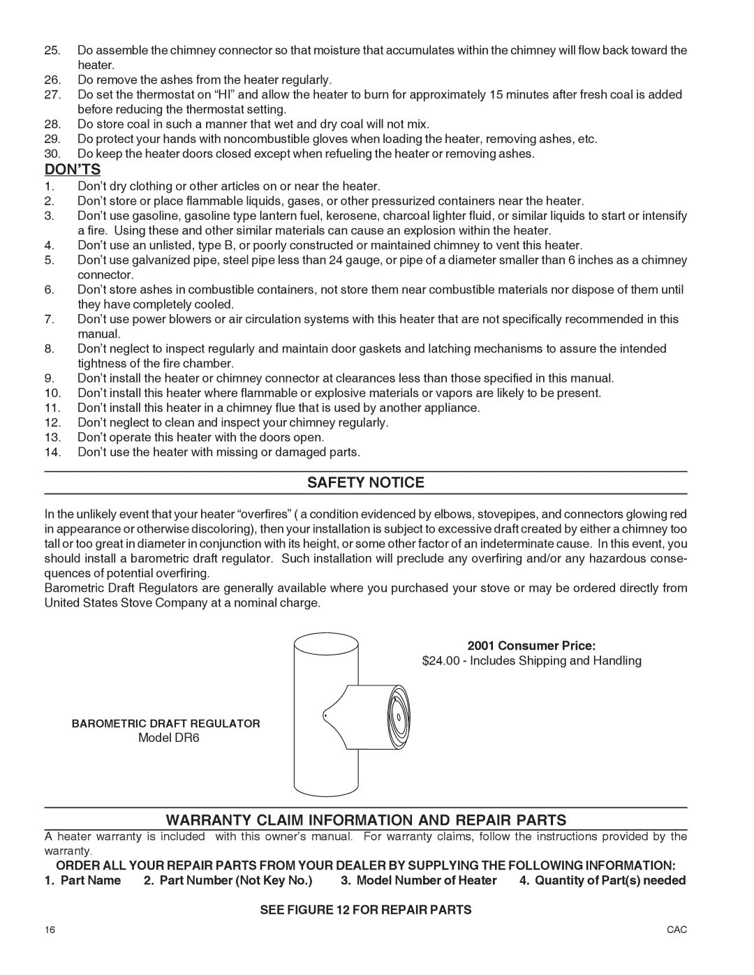 United States Stove DR6 warranty See for Repair Parts, Barometric Draft Regulator 