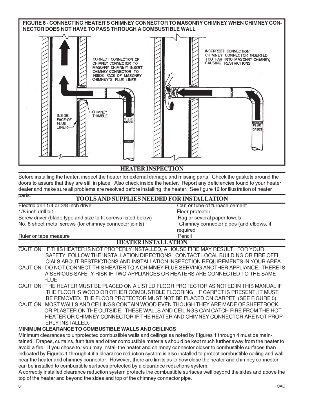 United States Stove DR6 warranty Heater Inspection, Minimum Clearance to Combustible Walls and Ceilings 