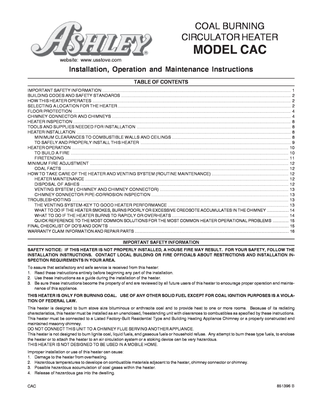 United States Stove DR6 warranty Table Of Contents, Model Cac, Coal Burning, Circulator Heater 