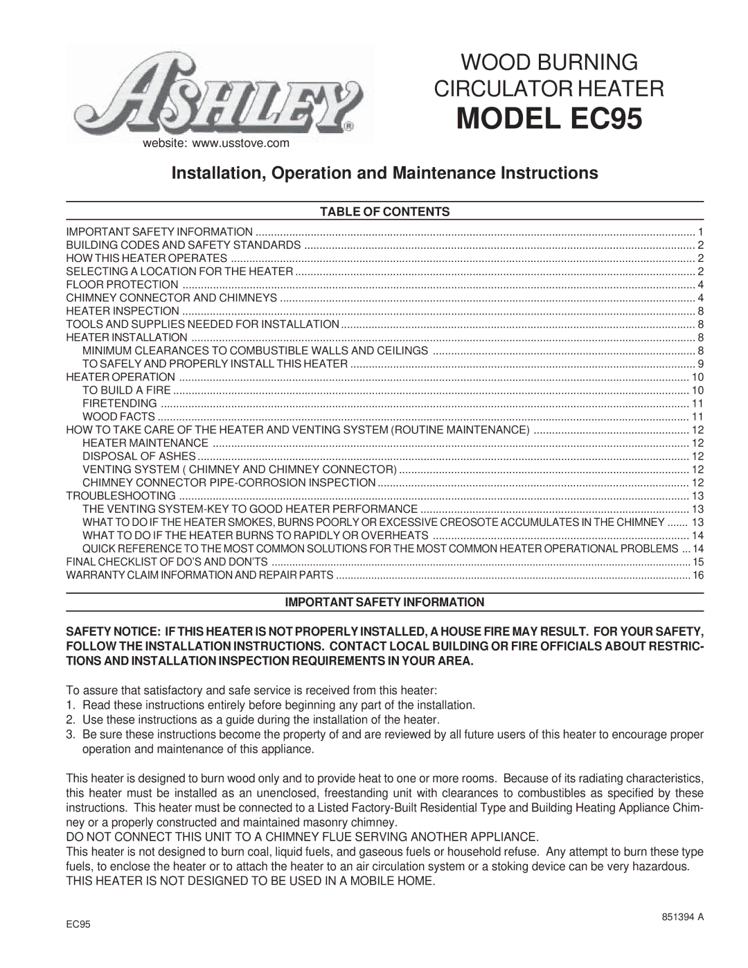 United States Stove warranty Model EC95, Table of Contents 