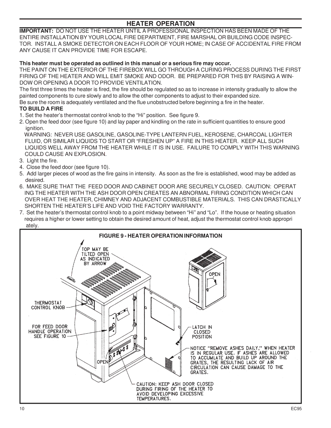 United States Stove EC95 warranty To Build a Fire, Heater Operation Information 