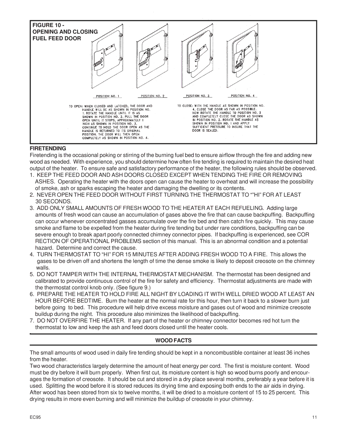 United States Stove EC95 warranty Opening and Closing Fuel Feed Door Firetending, Wood Facts 