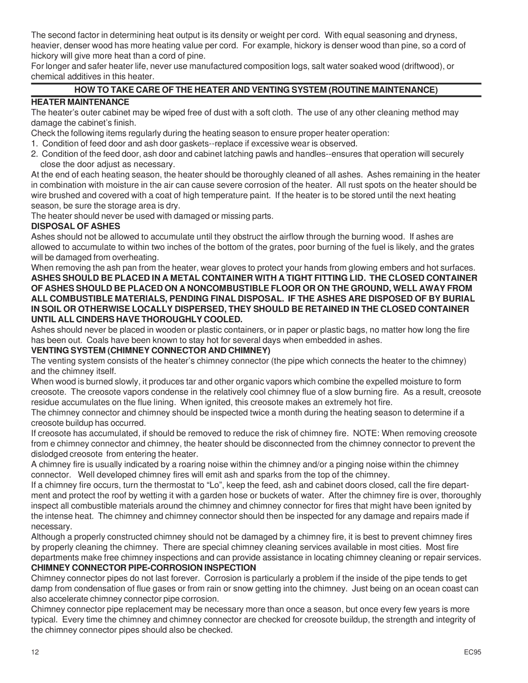 United States Stove EC95 warranty Disposal of Ashes, Venting System Chimney Connector and Chimney 