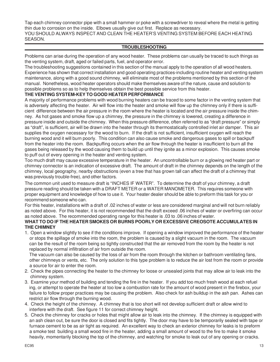 United States Stove EC95 warranty Troubleshooting, Venting SYSTEM-KEY to Good Heater Performance 