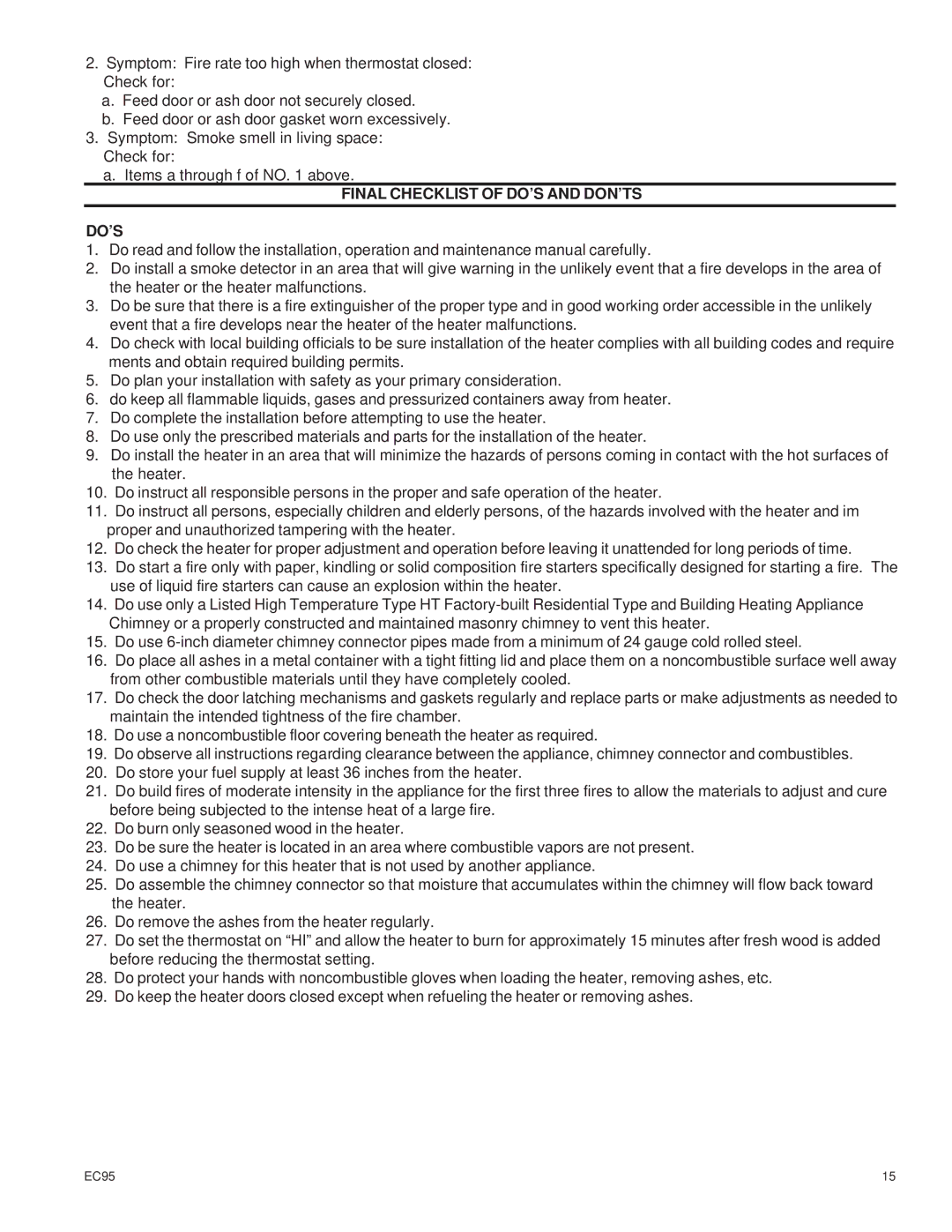 United States Stove EC95 warranty Final Checklist of DO’S and DON’TS 