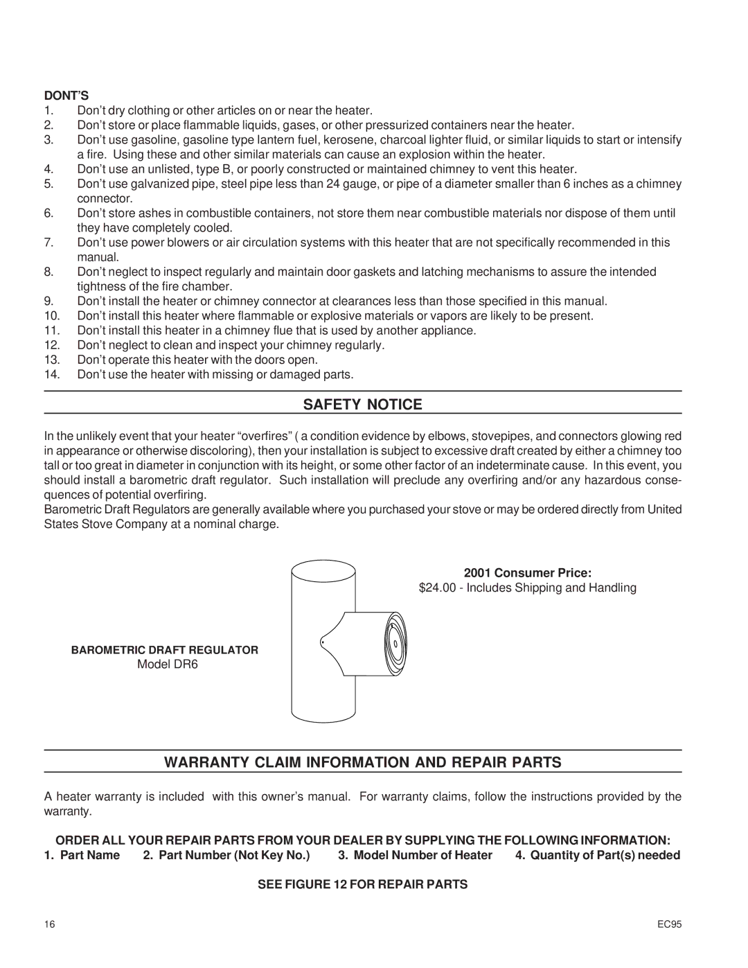 United States Stove EC95 warranty Dont’S, See for Repair Parts 