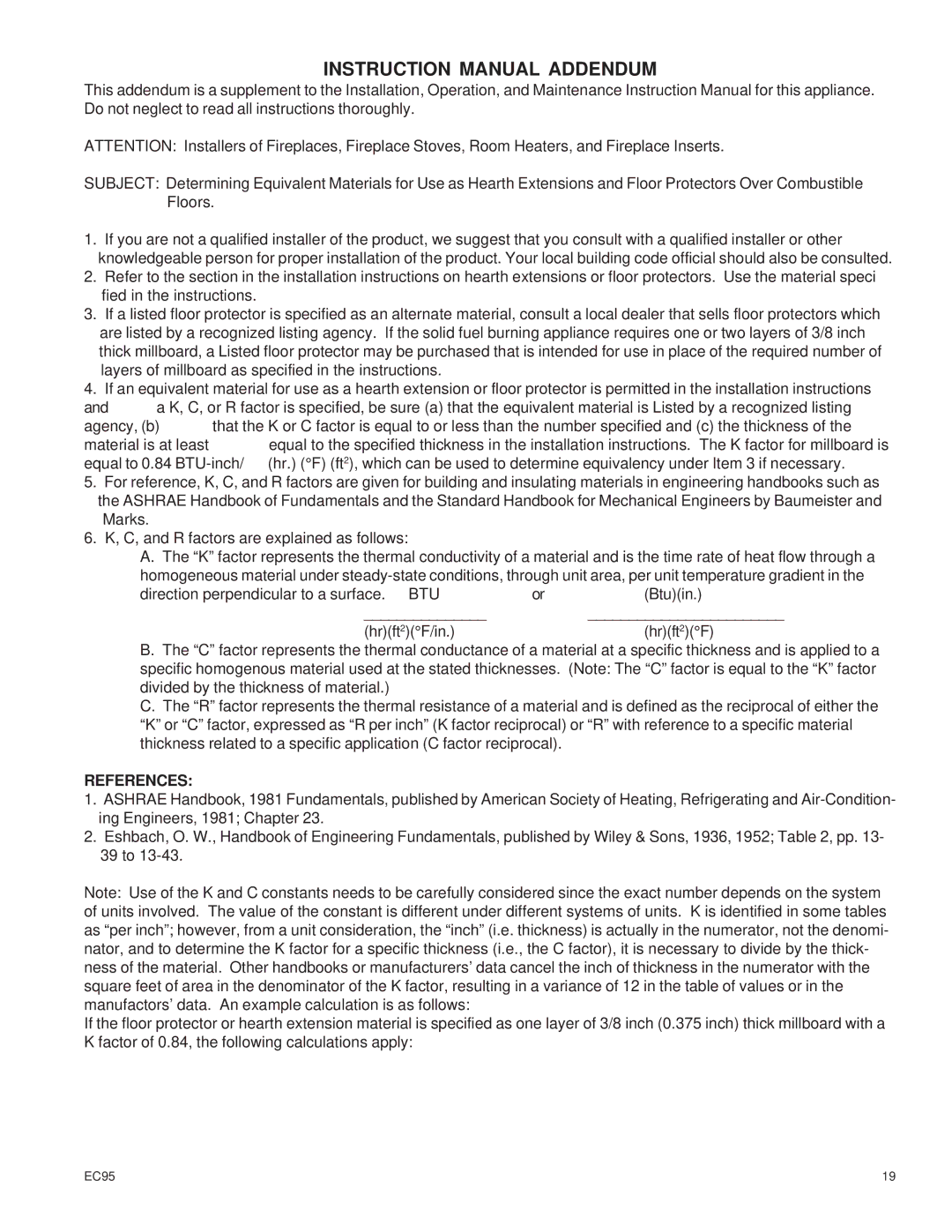 United States Stove EC95 warranty References 