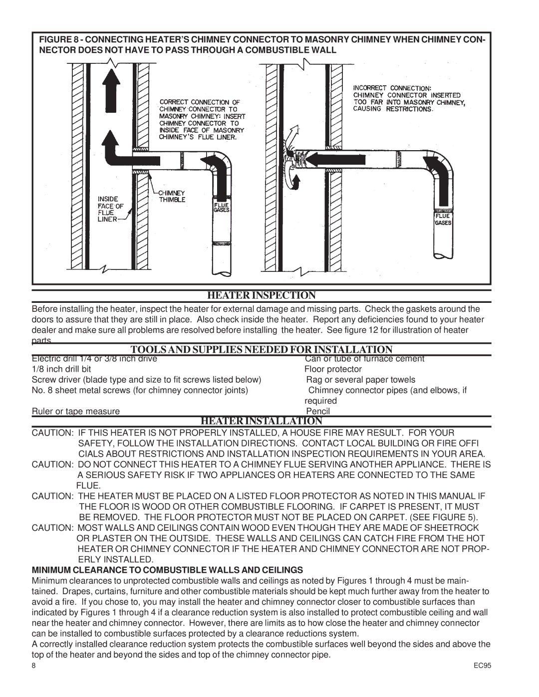 United States Stove EC95 warranty Heater Inspection, Minimum Clearance to Combustible Walls and Ceilings 