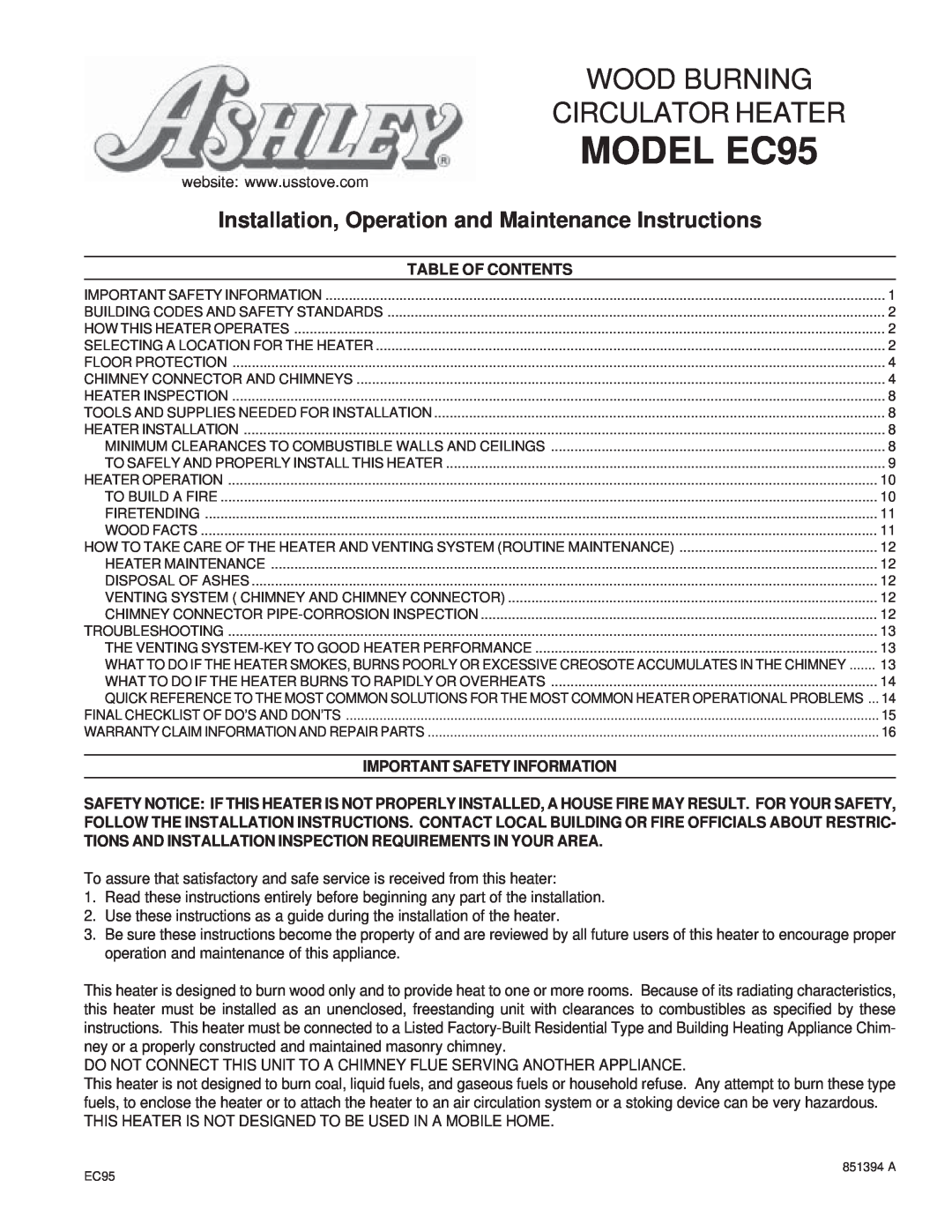 United States Stove warranty Table Of Contents, MODEL EC95, Wood Burning, Circulator Heater 