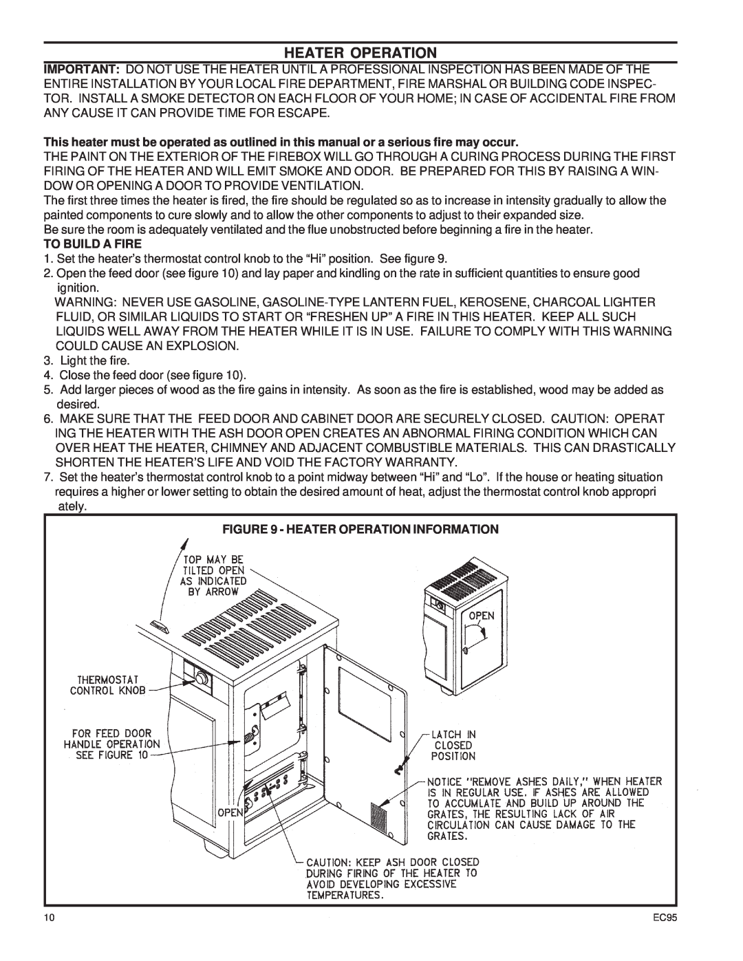 United States Stove EC95 warranty To Build A Fire, Heater Operation Information 