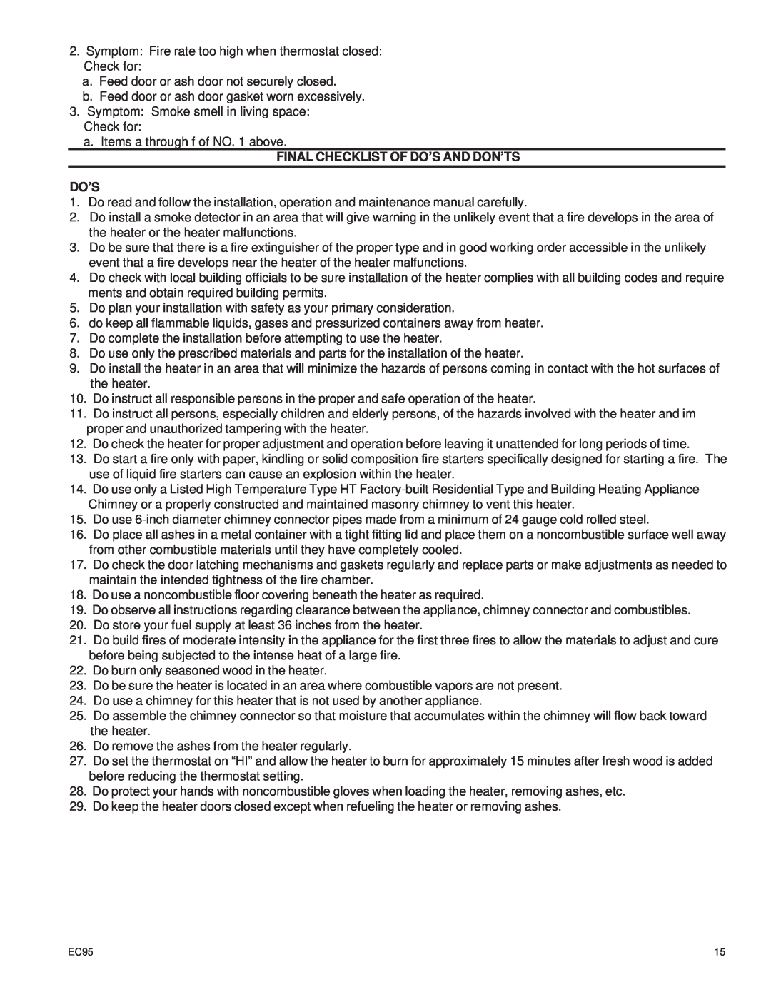 United States Stove EC95 warranty Final Checklist Of Do’S And Don’Ts Do’S 