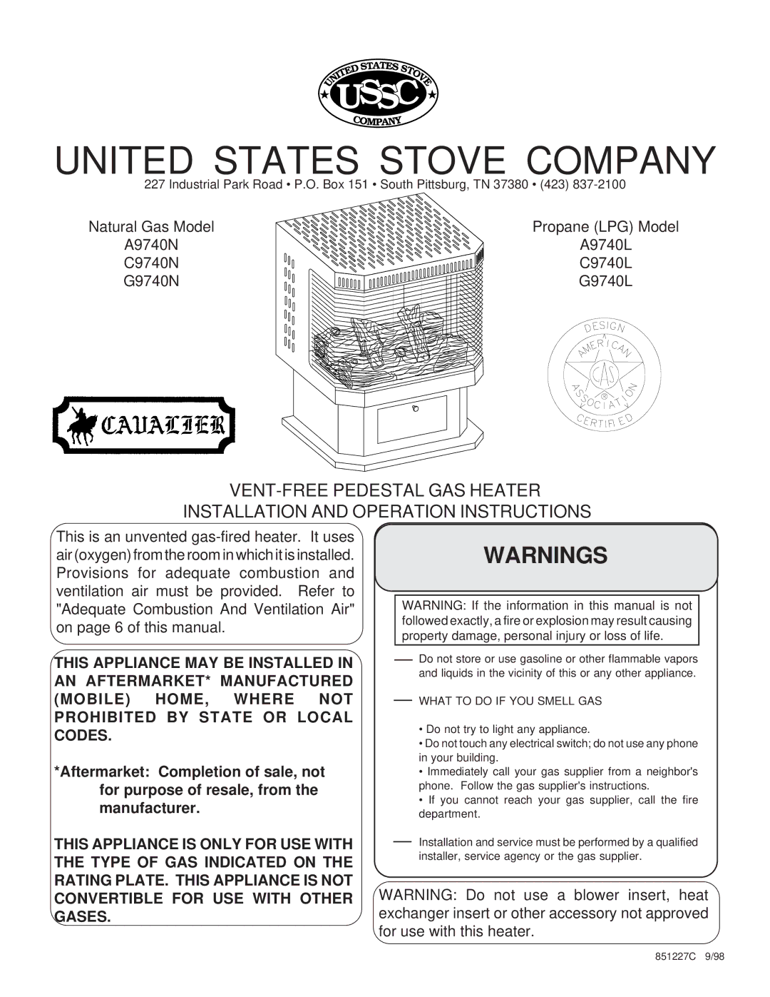 United States Stove C9740N, G9740L, A9740N, G9740N, A9740L, C9740L manual United States Stove Company 