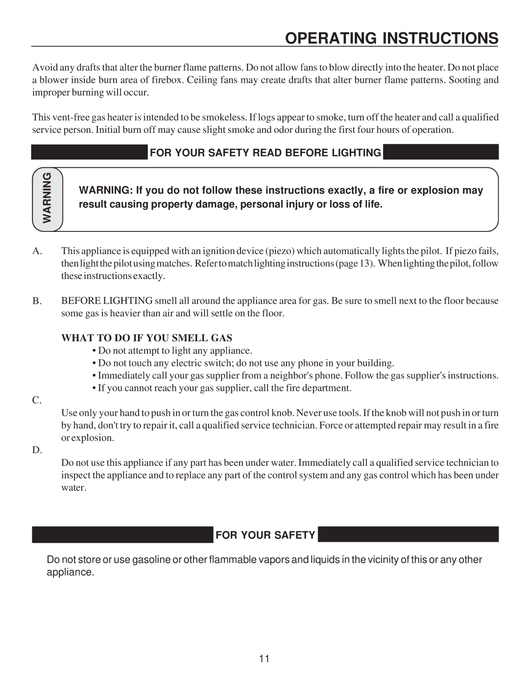 United States Stove C9740L manual Operating Instructions, For Your Safety Read Before Lighting, What to do if YOU Smell GAS 