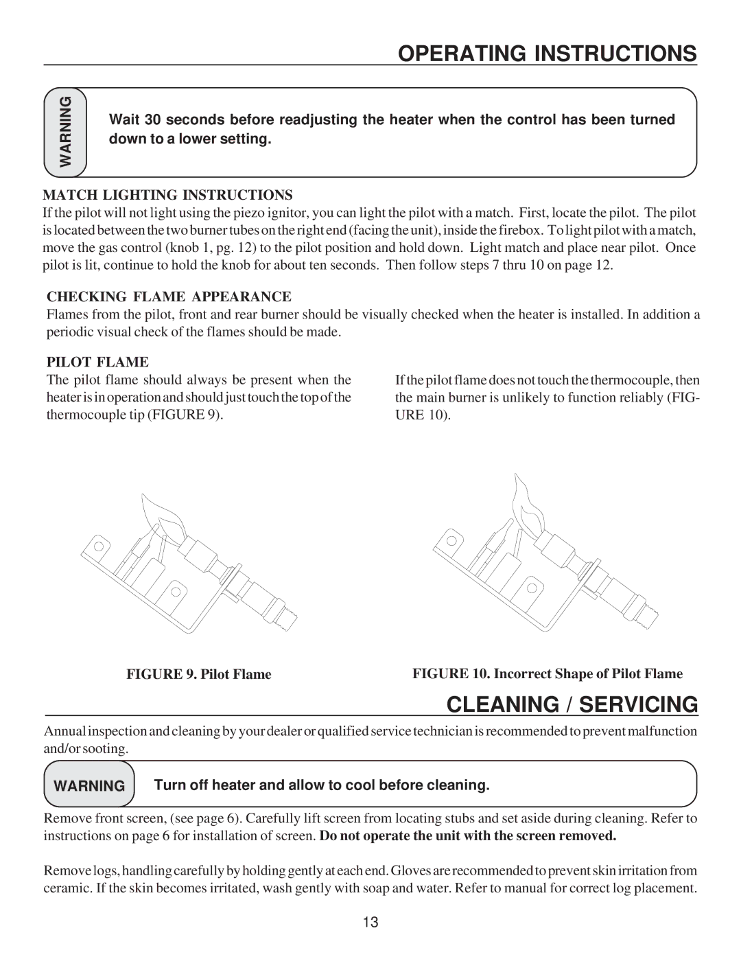 United States Stove C9740N, G9740L, A9740N, G9740N manual Match Lighting Instructions, Checking Flame Appearance, Pilot Flame 