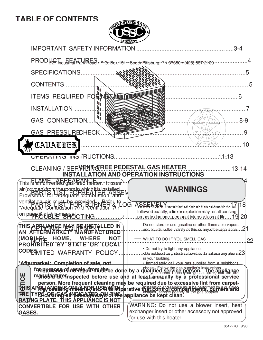 United States Stove A9740N, G9740L, C9740N, G9740N, A9740L, C9740L manual Table of Contents 