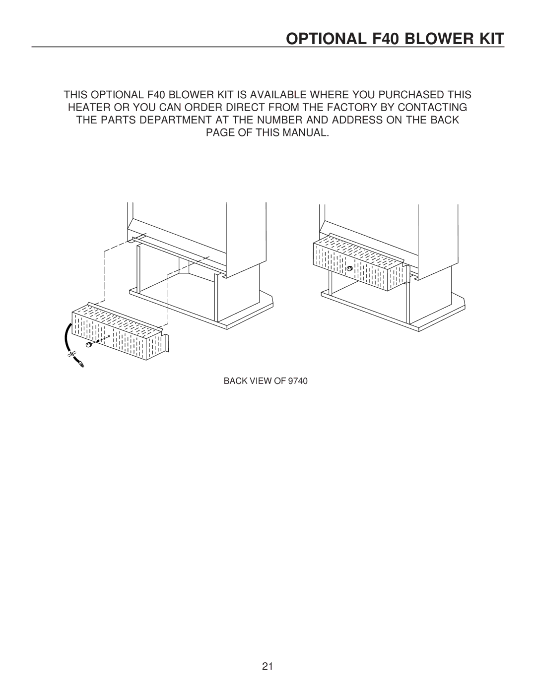 United States Stove G9740N, G9740L, C9740N, A9740N, A9740L, C9740L manual Optional F40 Blower KIT 