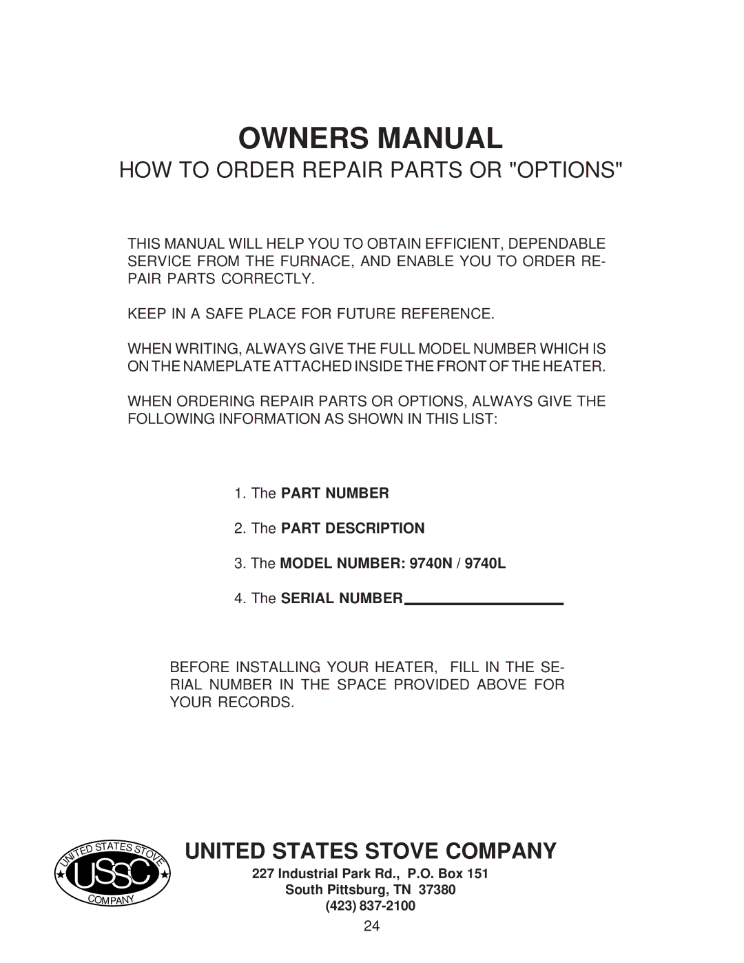 United States Stove G9740L, C9740N, A9740N, G9740N, A9740L HOW to Order Repair Parts or Options, United States Stove Company 