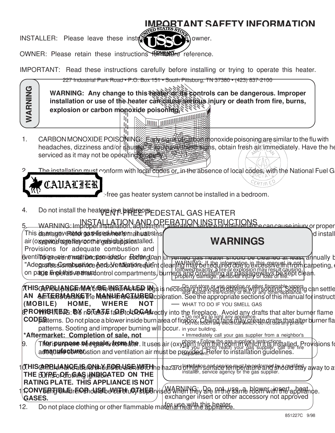 United States Stove G9740N, G9740L, C9740N, A9740N manual Important Safety Information, Explosion or carbon monoxide poisoning 