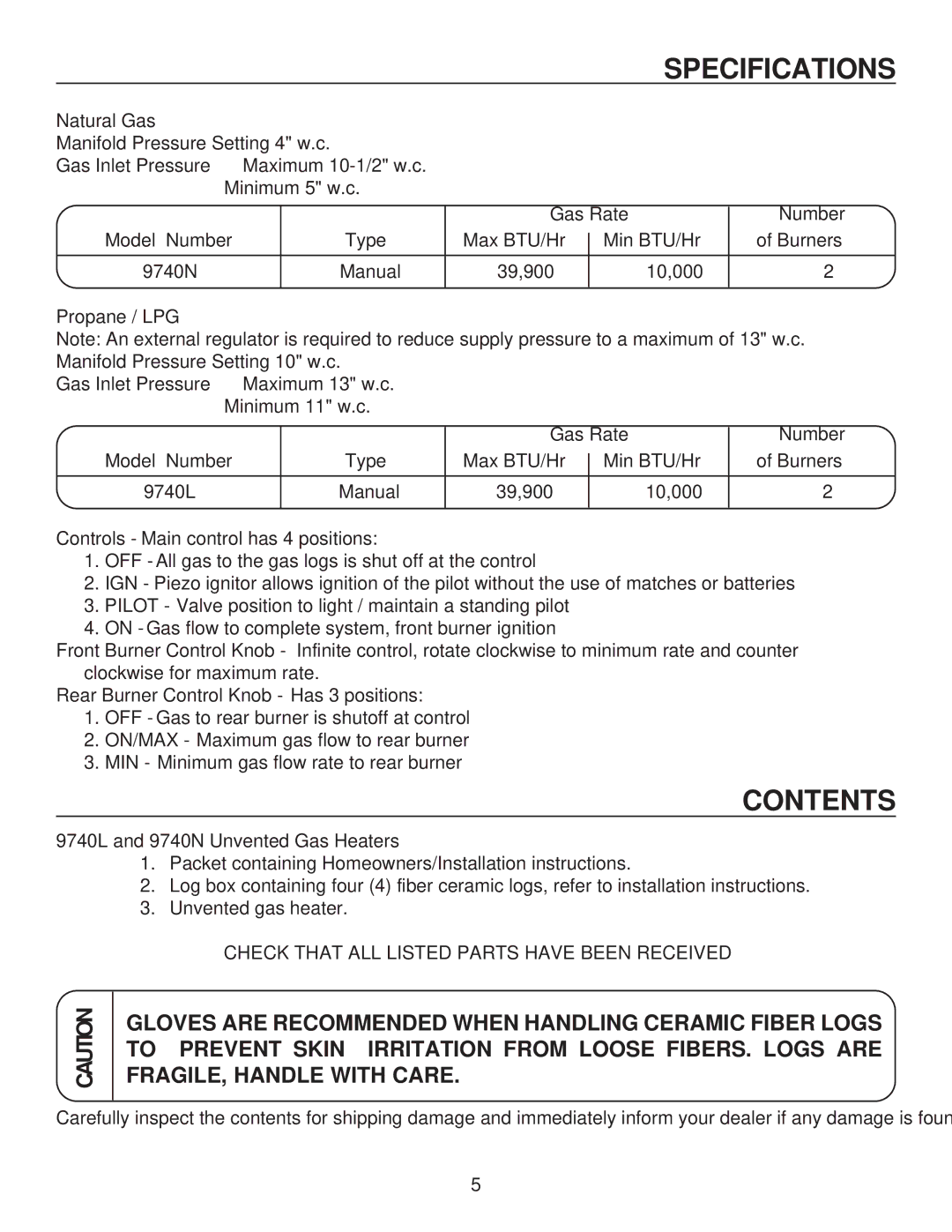 United States Stove C9740L, G9740L, C9740N, A9740N, G9740N, A9740L manual Contents 