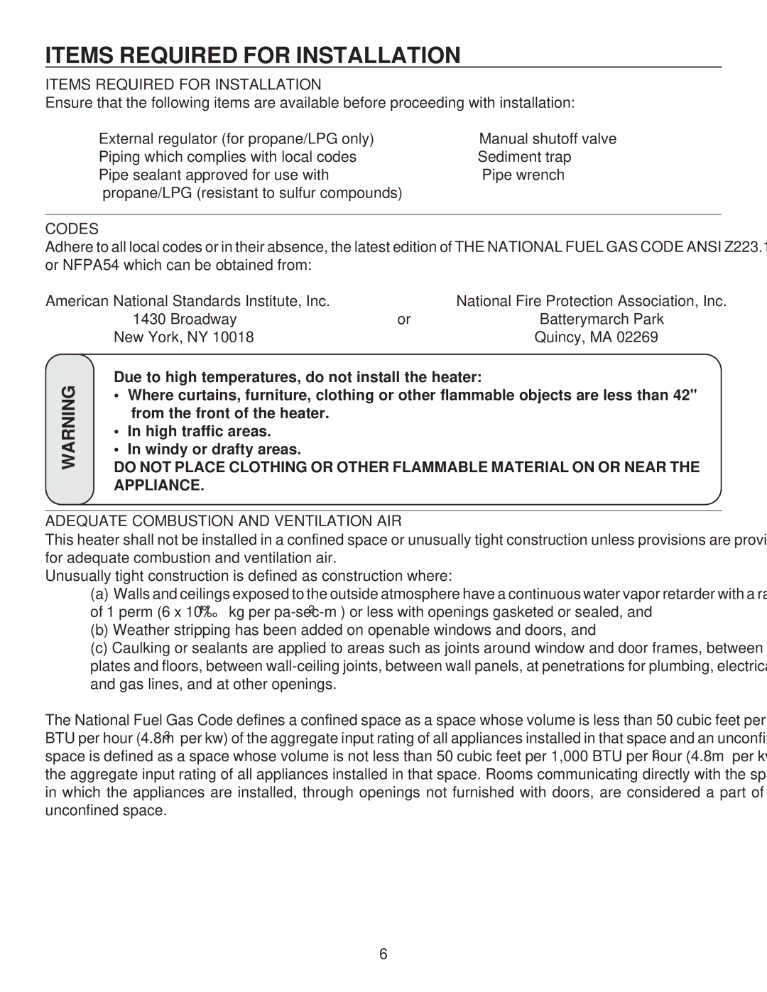 United States Stove G9740L, C9740N, A9740N Items Required for Installation, Codes, Adequate Combustion and Ventilation AIR 