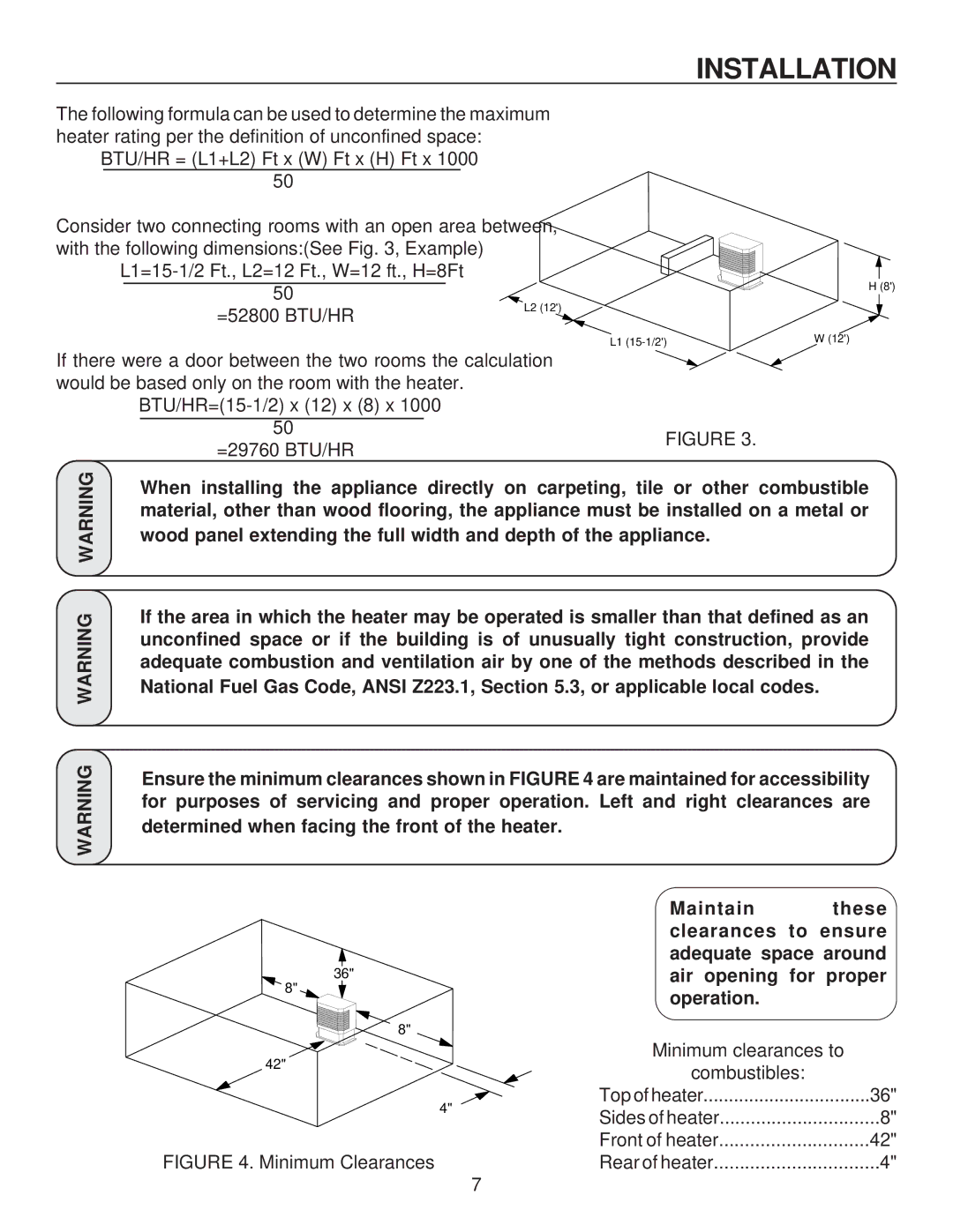 United States Stove C9740N, G9740L, A9740N, G9740N, A9740L, C9740L manual Installation, Minimum Clearances 