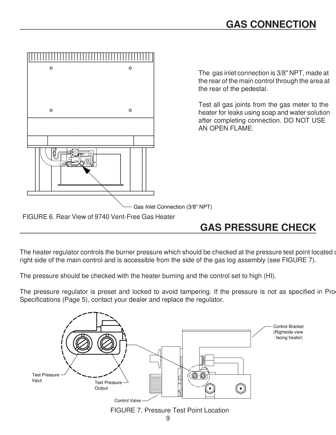 United States Stove G9740N, G9740L, C9740N, A9740N, A9740L, C9740L GAS Pressure Check, Rear View of 9740 Vent-Free Gas Heater 