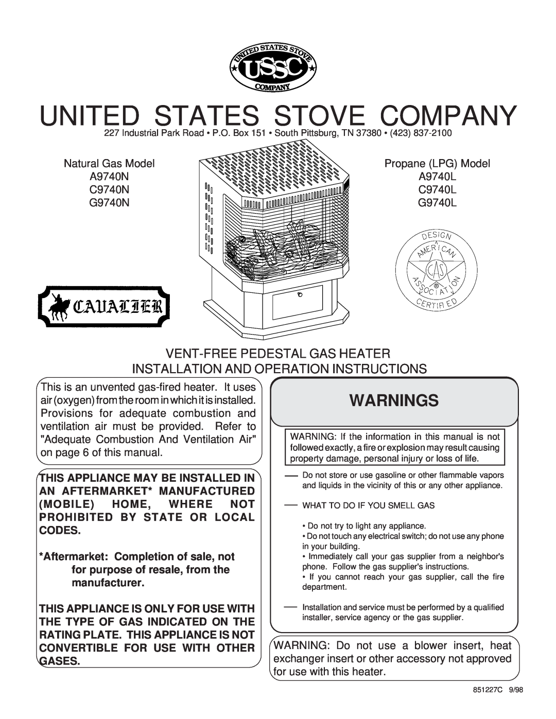 United States Stove C9740N, G9740L, A9740N, G9740N manual Ussc, Warnings, United States Stove Company, Es S, 851227C, 9/98 
