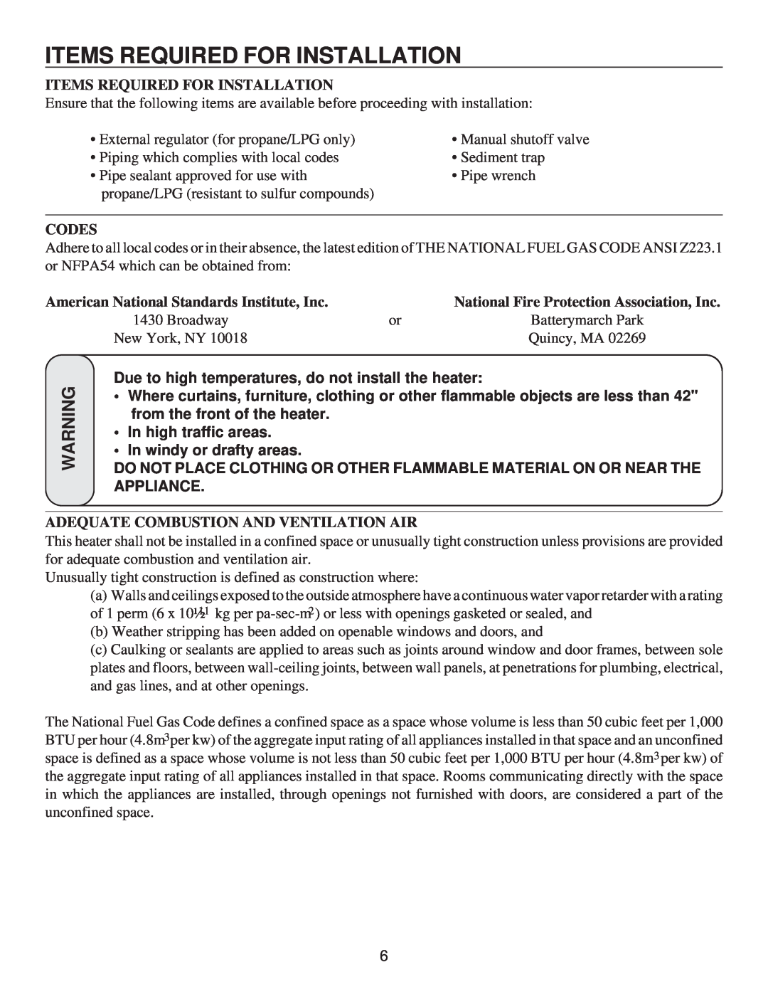 United States Stove G9740L, C9740N manual Items Required For Installation, Codes, American National Standards Institute, Inc 