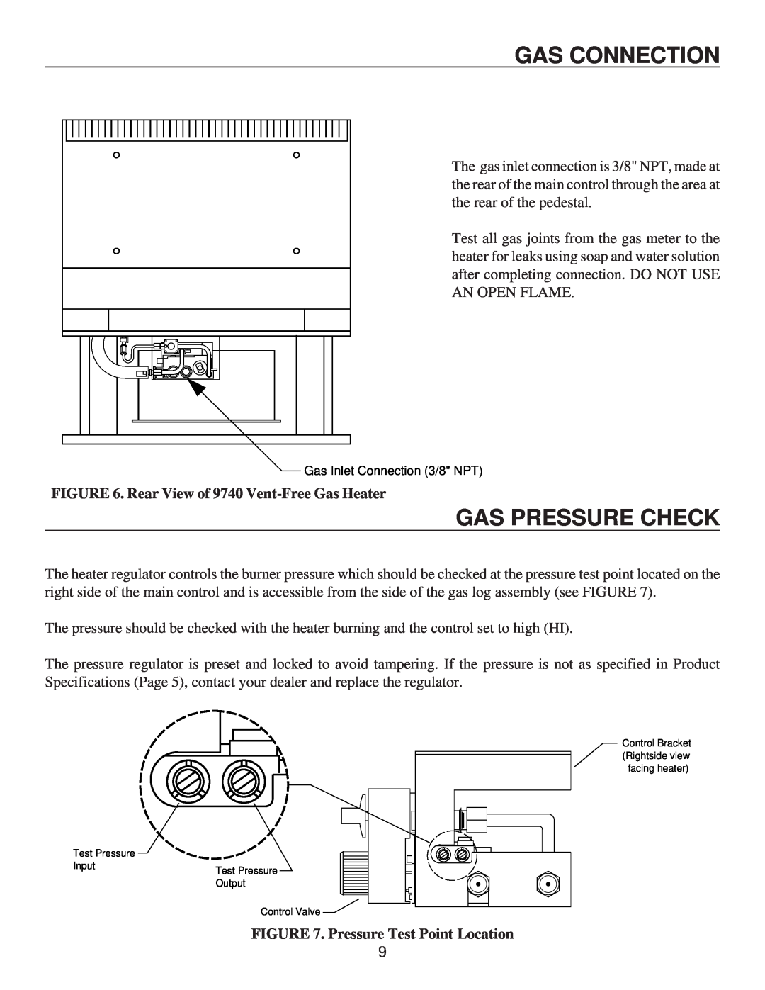 United States Stove G9740N, G9740L, C9740N, A9740N Gas Pressure Check, Gas Connection, Rear View of 9740 Vent-FreeGas Heater 