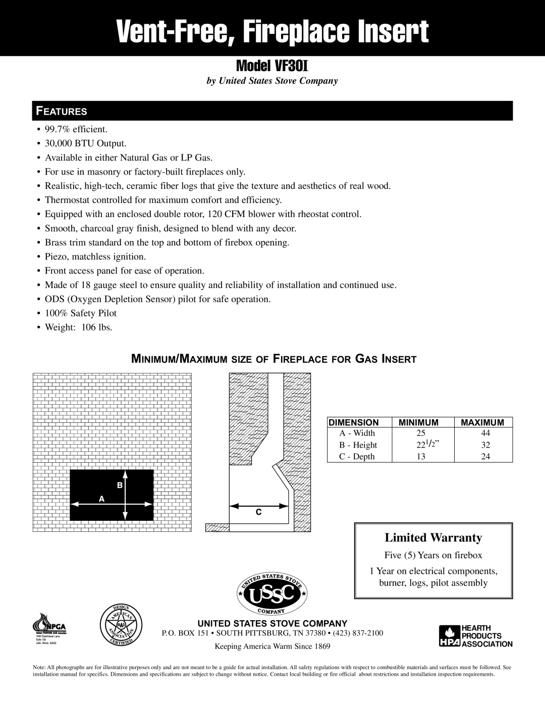 United States Stove manual Vent-Free, Fireplace Insert, Model VF30I, Limited Warranty, Burner, logs, pilot assembly 