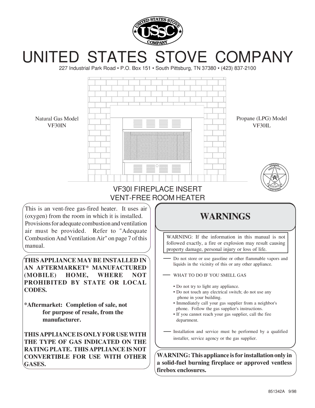 United States Stove VF30IL, VF30IN manual United States Stove Company 