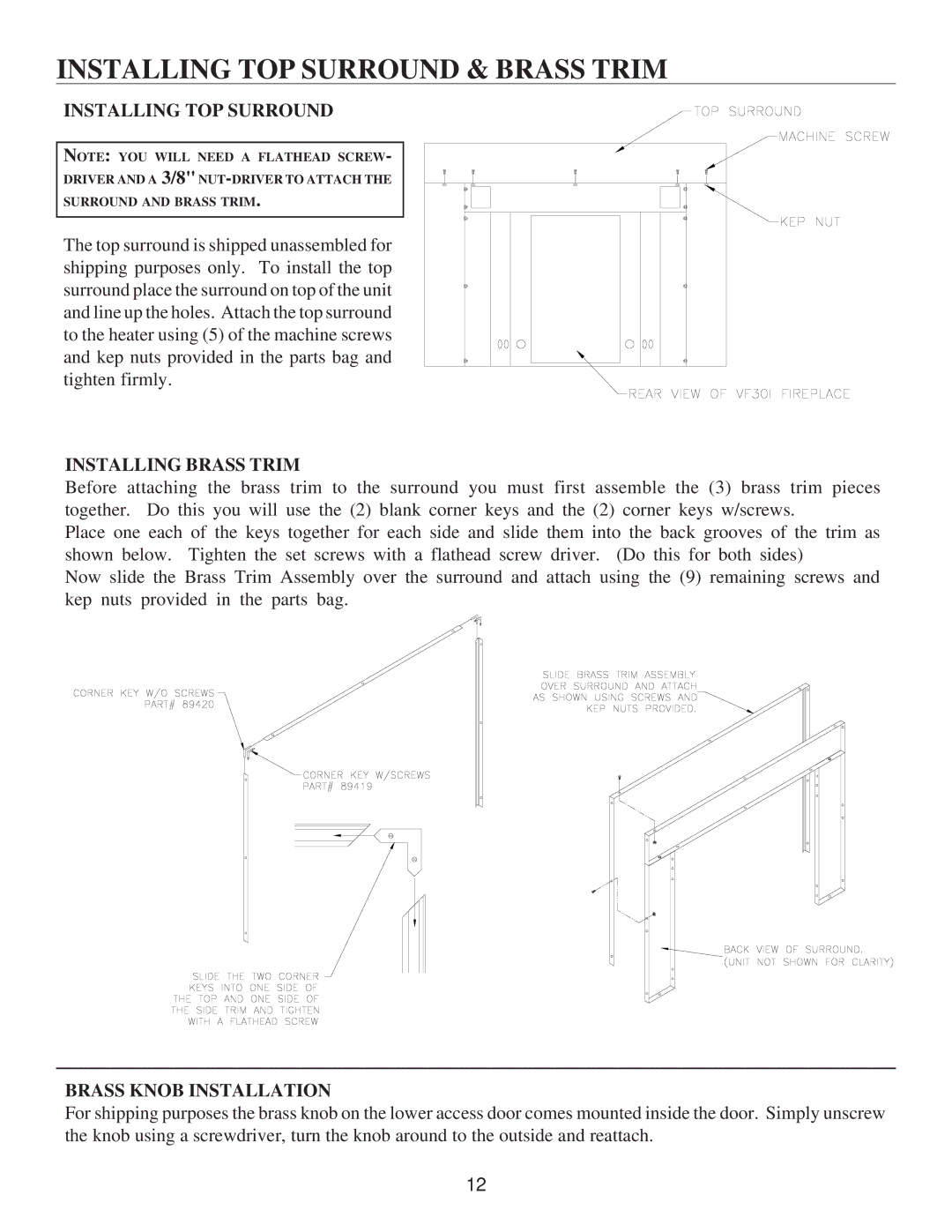 United States Stove VF30IN, VF30IL Installing TOP Surround & Brass Trim, Installing Brass Trim, Brass Knob Installation 