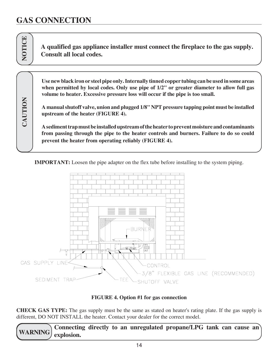 United States Stove VF30IN, VF30IL manual GAS Connection, Option #1 for gas connection 