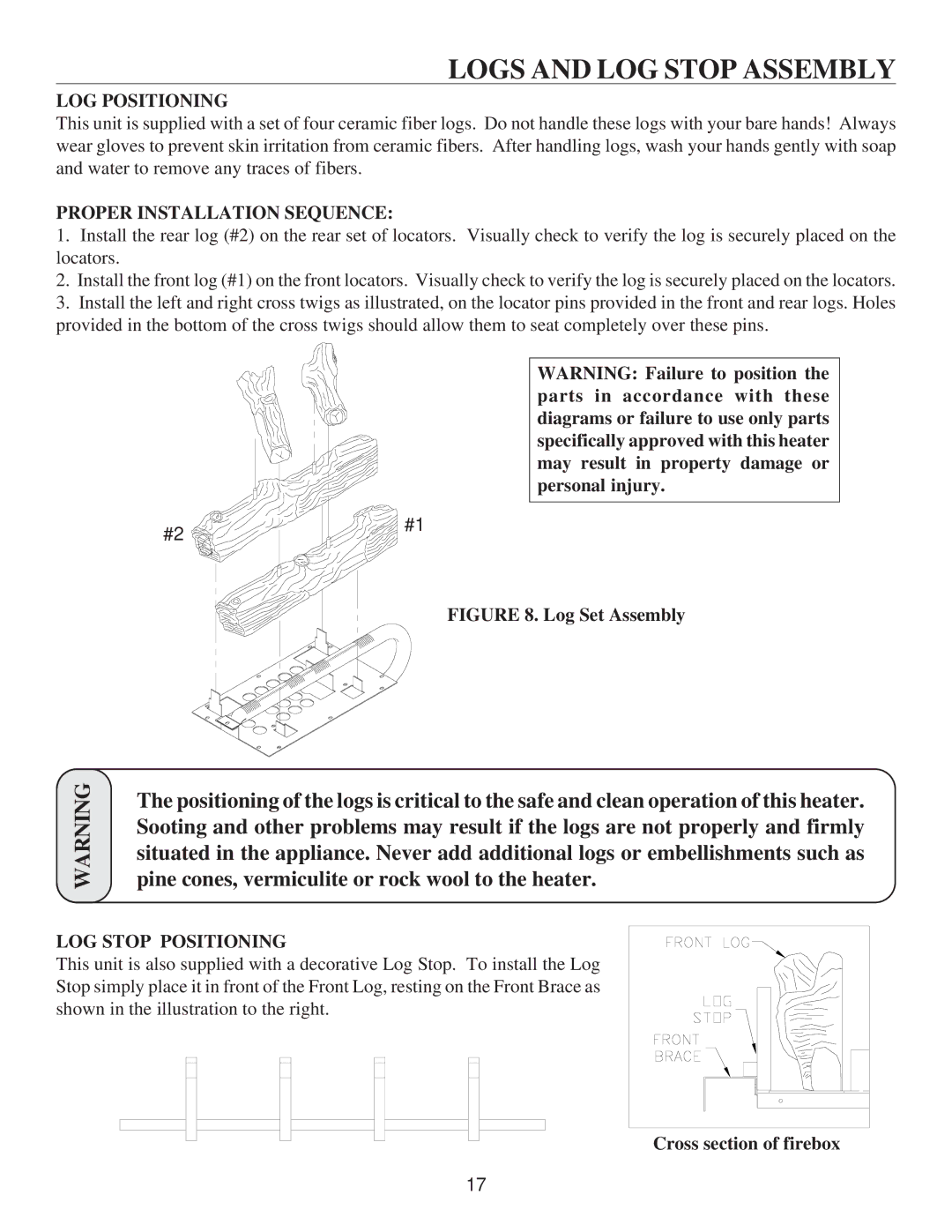 United States Stove VF30IL Logs and LOG Stop Assembly, LOG Positioning, Proper Installation Sequence, LOG Stop Positioning 