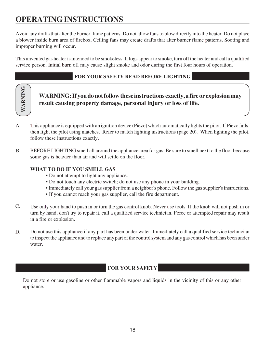 United States Stove VF30IN manual Operating Instructions, For Your Safety Read Before Lighting, What to do if YOU Smell GAS 