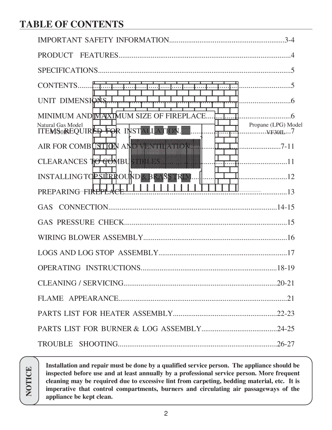 United States Stove VF30IN, VF30IL manual Table of Contents 