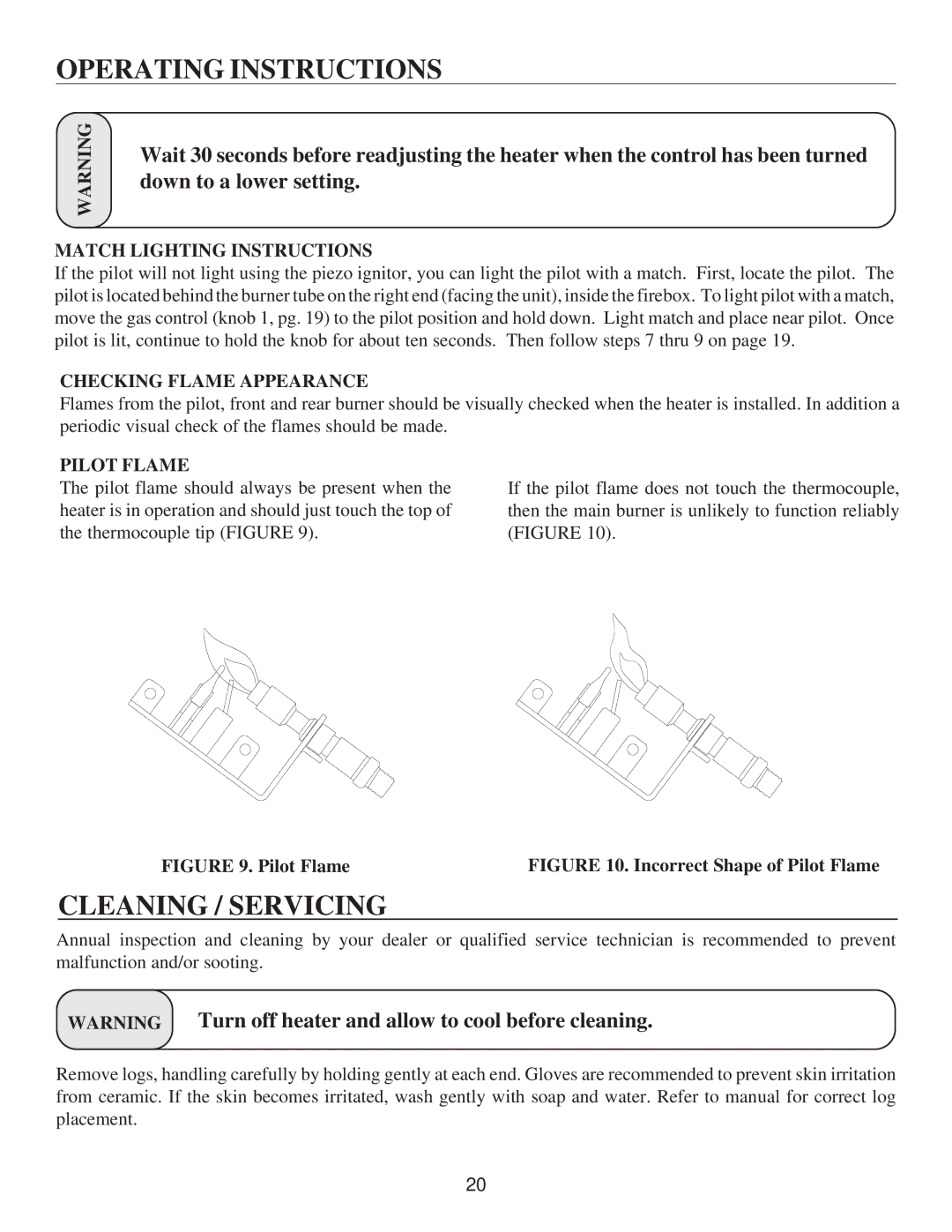 United States Stove VF30IN manual Cleaning / Servicing, Match Lighting Instructions, Checking Flame Appearance, Pilot Flame 