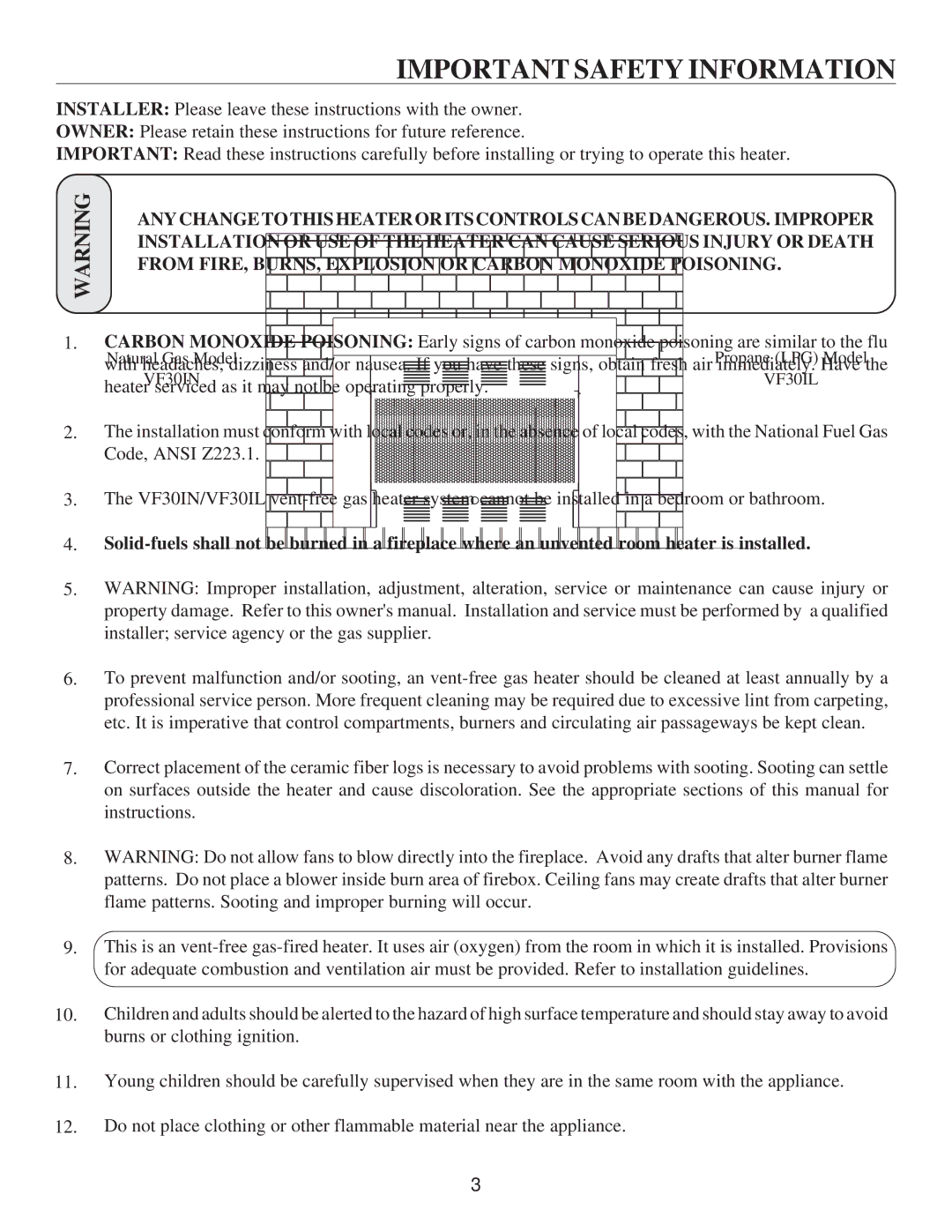 United States Stove VF30IL, VF30IN manual Important Safety Information 