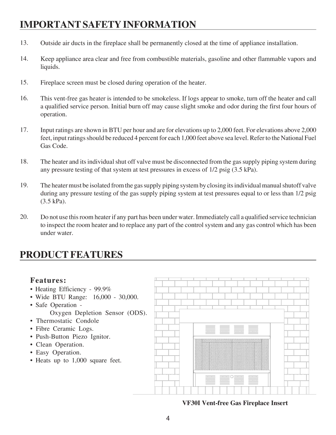 United States Stove VF30IN, VF30IL manual Product Features 