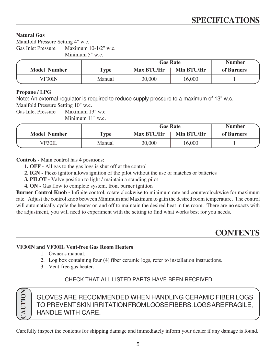 United States Stove VF30IL, VF30IN manual Specifications, Contents 