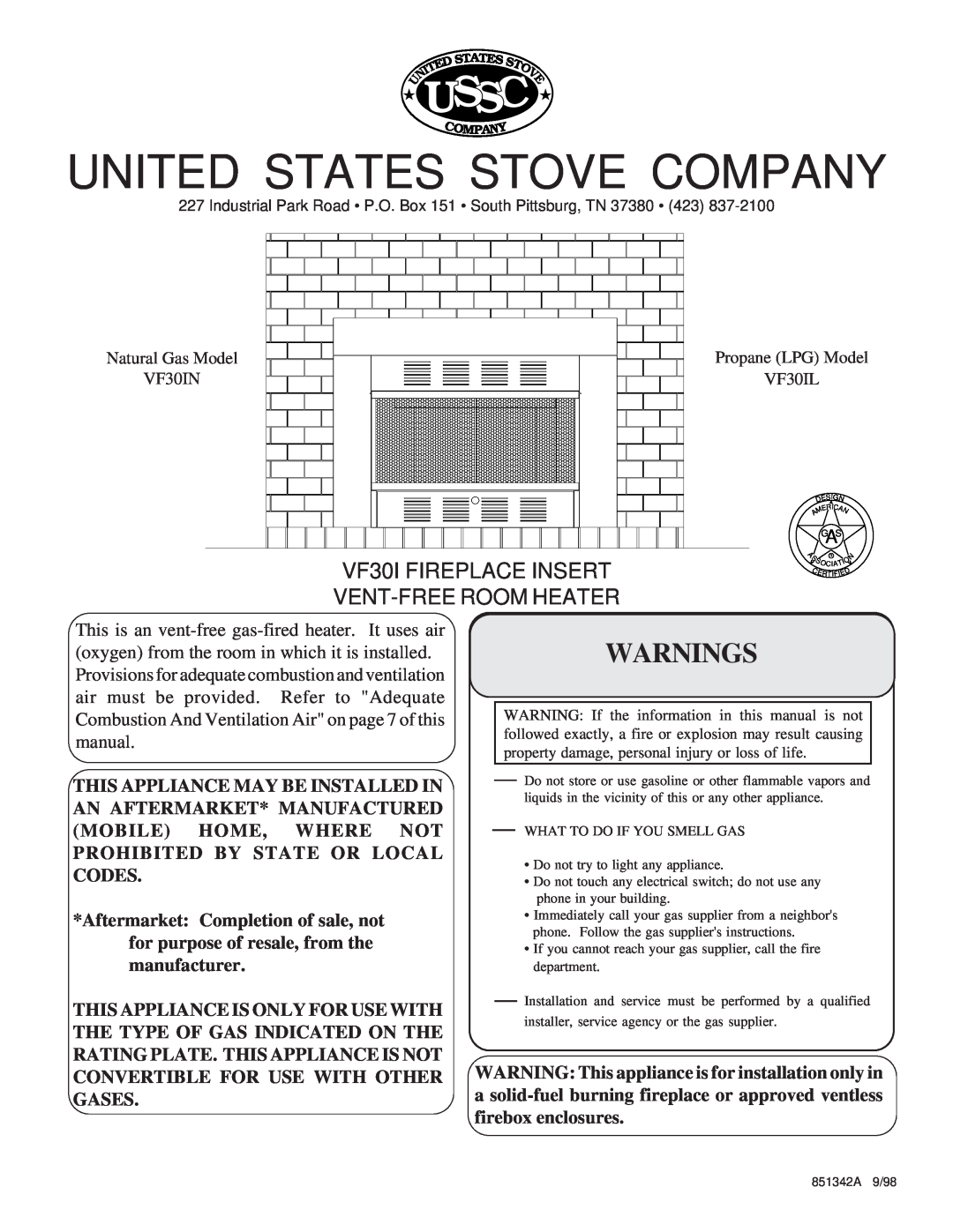 United States Stove VF30IL manual Ussc, Warnings, United States Stove Company, Natural Gas Model VF30IN, Es S, 851342A 